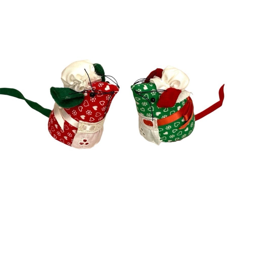 Handmade Christmas Vintage Mouse Ornaments Figurines Fabric Festive Green Red